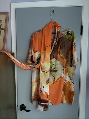 Bold Orange Floral Short Sleeve Blouse with scarf